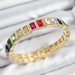 Mey İthalat® Pirinç Karışık Zirkon Taşlı Dikdörtgen Model Gold Renk Lastikli Kadın Bileklik