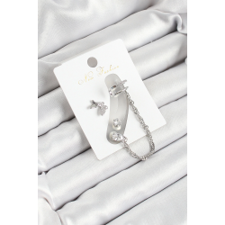 Mey İthalat® Pirinç Kelebek Figürlü Zirkon Taşlı Gümüş Renk 3'lü Kıkırdak Kadın Küpe Set