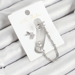 Mey İthalat® Pirinç Kelebek Figürlü Zirkon Taşlı Gümüş Renk 3'lü Kıkırdak Kadın Küpe Set