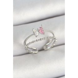 Mey İthalat® Pirinç Kelebek Figürlü Zirkon Taşlı Gümüş Renk Ayarlanabilir Kadın Yüzük