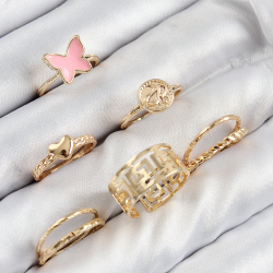 Mey İthalat® Pirinç Kelebek Ve Kalp Model Gold Renk Kadın Yüzük Kombin Set