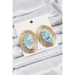 Mey İthalat® Pirinç Mermer Desenlli Mavi Sedef Oval Vintage Model Gold Renk Kadın Küpe