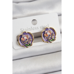 Mey İthalat® Pirinç Mor Mineli Çiçek Figürlü Sanatsal Portre Model Gold Renk Kadın Küpe