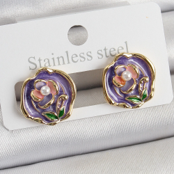 Mey İthalat® Pirinç Mor Mineli Çiçek Figürlü Sanatsal Portre Model Gold Renk Kadın Küpe