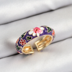 Mey İthalat® Pirinç Mor Mineli Çiçek Motifli Gold Renk Ayarlanabilir Kadın Yüzük