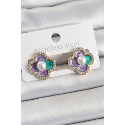 Mey İthalat® Pirinç Mor Mineli İnci Detaylı Zirkon Taşlı Sanatsal Portre Yonca Model Gold Renk Kadın Küpe