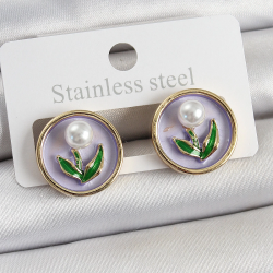 Mey İthalat® Pirinç Mor Mineli Lale Figürlü Sanatsal Portre Model Gold Renk Kadın Küpe