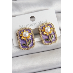 Mey İthalat® Pirinç Mor Mineli Papatya Figürlü Sanatsal Portre Model Gold Renk Kadın Küpe