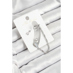 Mey İthalat® Pirinç Ok Figürlü Zirkon Taşlı Gümüş Renk 3'lü Kıkırdak Kadın Küpe Set