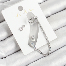 Mey İthalat® Pirinç Ok Figürlü Zirkon Taşlı Gümüş Renk 3'lü Kıkırdak Kadın Küpe Set