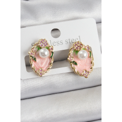 Mey İthalat® Pirinç Pembe Mineli İnci Detaylı Sanatsal Portre Model Gold Renk Kadın Küpe