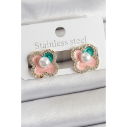 Mey İthalat® Pirinç Pembe Mineli İnci Detaylı Zirkon Taşlı Sanatsal Portre Yonca Model Gold Renk Kadın Küpe