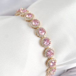 Mey İthalat® Pirinç Pembe Zirkon Taşlı Daire Baget Model Gold Renk VIP Seri Kadın Bileklik
