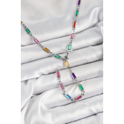 Mey İthalat® Pirinç Renkli Zirkon Taşlı Dikdörtgen Model Gümüş Renk Kadın Y Kolye