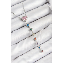 Mey İthalat® Pirinç Renkli Zirkon Taşlı Kalp Model Gümüş Renk Kadın Y Kolye