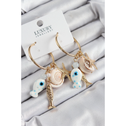 Mey İthalat® Pirinç Sallantılı Seramik Balık Ve Deniz Kabuğu Model Gold Renk Kadın Küpe