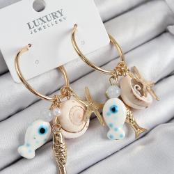 Mey İthalat® Pirinç Sallantılı Seramik Balık Ve Deniz Kabuğu Model Gold Renk Kadın Küpe