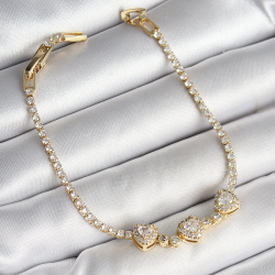 Mey İthalat® Pirinç Sıralı Kalp Figürlü Zirkon Taşlı Gold Renk Kadın Bileklik