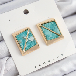Mey İthalat® Pirinç Turkuaz Üçgen Kesim Detaylı Kare Model Vintage Gold Renk Kadın Küpe