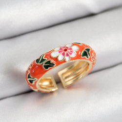 Mey İthalat® Pirinç Turuncu Mineli Çiçek Motifli Gold Renk Ayarlanabilir Kadın Yüzük