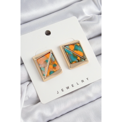 Mey İthalat® Pirinç  Turuncu Yeşil Üçgen Kesim Detaylı Kare Model Vintage Gold Renk Kadın Küpe