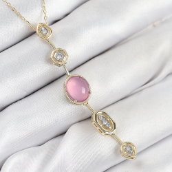 Mey İthalat® Pirinç Zincir Pembe Gold Renk Zirkon Taşlı Y Kolye