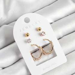 Mey İthalat® Pirinç Zirkon Taş Ve Halka Figürlü Gold Renk 3'lü Çift Kadın Küpe Set