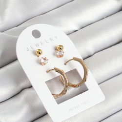 Mey İthalat® Pirinç Zirkon Taş Ve Kemik Halka Figürlü Gold Renk 3'lü Çift Kadın Küpe Set