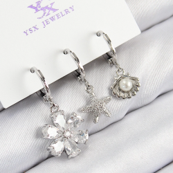 Mey İthalat® Pirinç Zirkon Taşlı 3'lü Çiçek Ve İstiridye Model Gümüş Renk Kadın Küpe