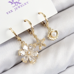 Mey İthalat® Pirinç Zirkon Taşlı 3'lü İstiridye Ve Çiçek Model Gold Renk Kadın Küpe