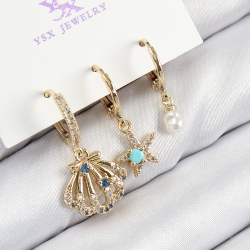 Mey İthalat® Pirinç Zirkon Taşlı 3'lü İstiridye Ve Yıldız Model Gold Renk Kadın Küpe