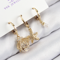 Mey İthalat® Pirinç Zirkon Taşlı 3'lü İstiridye Ve Yıldız Model Gold Renk Kadın Küpe