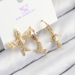 Mey İthalat® Pirinç Zirkon Taşlı 3'lü Kuş Model Gold Renk Kadın Küpe