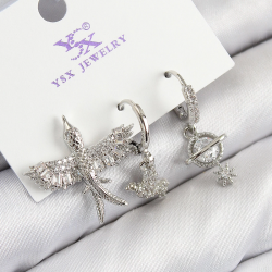 Mey İthalat® Pirinç Zirkon Taşlı 3'lü Kuş Model Gümüş Renk Kadın Küpe