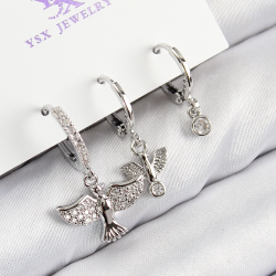 Mey İthalat® Pirinç Zirkon Taşlı 3'lü Kuş Model Gümüş Renk Kadın Küpe