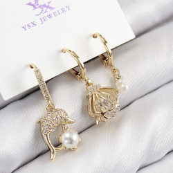 Mey İthalat® Pirinç Zirkon Taşlı 3'lü Yunus Balığı Ve İstiridye Model Gold Renk Kadın Küpe