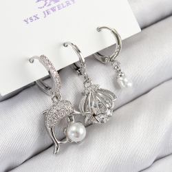 Mey İthalat® Pirinç Zirkon Taşlı 3'lü Yunus Balığı Ve İstiridye Model Gümüş Renk Kadın Küpe