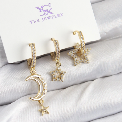 Mey İthalat® Pirinç Zİrkon Taşlı Ay Ve Hilal Model Gold Renk 3'lü Kadın Küpe