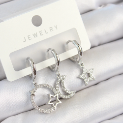Mey İthalat® Pirinç Zirkon Taşlı Ay Ve Yıldız Model Gümüş Renk 3'lü Çift Kadın Küpe Set