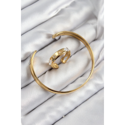 Mey İthalat® Pirinç Zirkon Taşlı Ayrık Model Gold Renk Bileklik Yüzük Set
