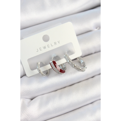 Mey İthalat® Pirinç Zirkon Taşlı Bordo Pembe Halka Model Gümüş Renk 3'lü Çift Kadın Küpe Set