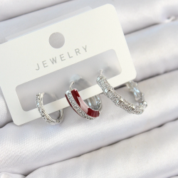 Mey İthalat® Pirinç Zirkon Taşlı Bordo Pembe Halka Model Gümüş Renk 3'lü Çift Kadın Küpe Set