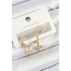 Mey İthalat® Pirinç Zirkon Taşlı Çiçek Ve Ay Model Gold Renk 3'lü Çift Kadın Küpe Set