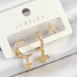 Mey İthalat® Pirinç Zirkon Taşlı Çiçek Ve Ay Model Gold Renk 3'lü Çift Kadın Küpe Set