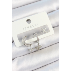 Mey İthalat® Pirinç Zirkon Taşlı Çiçek Ve Ay Model Gümüş Renk 3'lü Çift Kadın Küpe Set