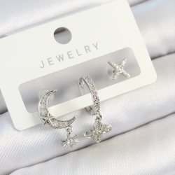 Mey İthalat® Pirinç Zirkon Taşlı Çiçek Ve Ay Model Gümüş Renk 3'lü Çift Kadın Küpe Set