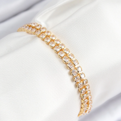 Mey İthalat® Pirinç Zirkon Taşlı Çift Sıra Model Gold Renk Asansörlü Kadın Bileklik