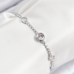 Mey İthalat® Pirinç Zirkon Taşlı Daire Model Gümüş Renk Asansörlü Kadın Bileklik