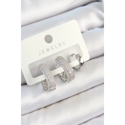 Mey İthalat® Pirinç Zirkon Taşlı Damla Model Gümüş Renk 3'lü Çift Kadın Küpe Set