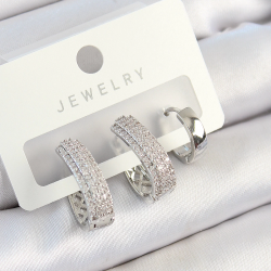 Mey İthalat® Pirinç Zirkon Taşlı Damla Model Gümüş Renk 3'lü Çift Kadın Küpe Set